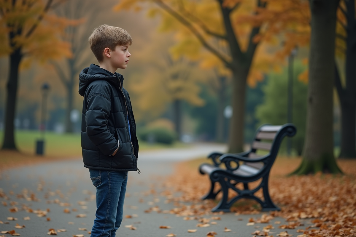 Adolescent seul dans un parc d automne avec expression pensive