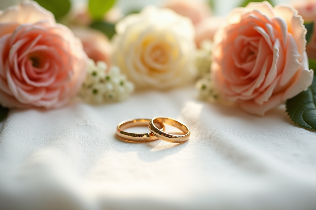 Alliances de mariage sur une nappe avec fleurs fraîches