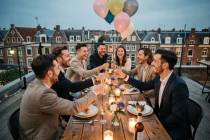 Groupe d'amis fêtant un anniversaire sur un rooftop privatisé à Lille avec vue sur les toits de la ville