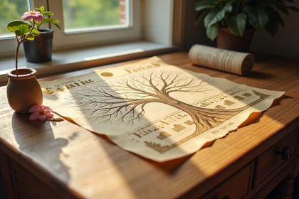Arbre genealogique ancien sur table en bois avec détails dorés