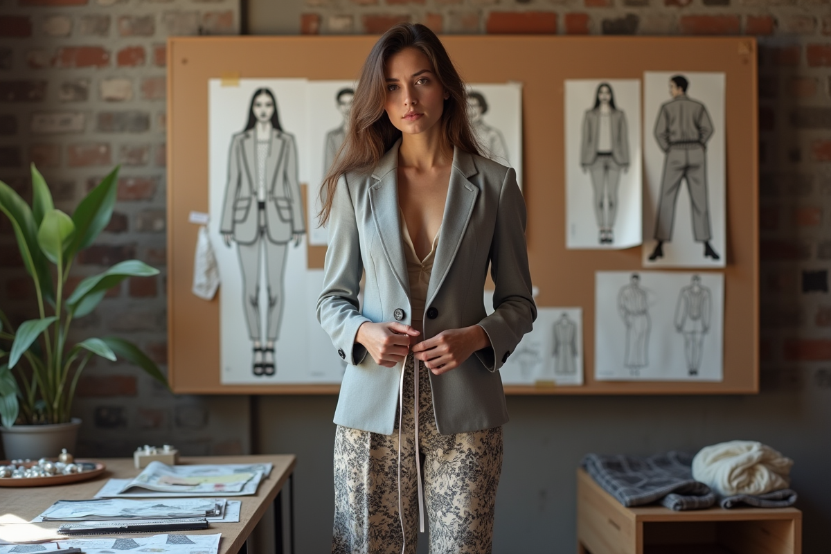Jeune femme en atelier de mode avec moodboard et tissus