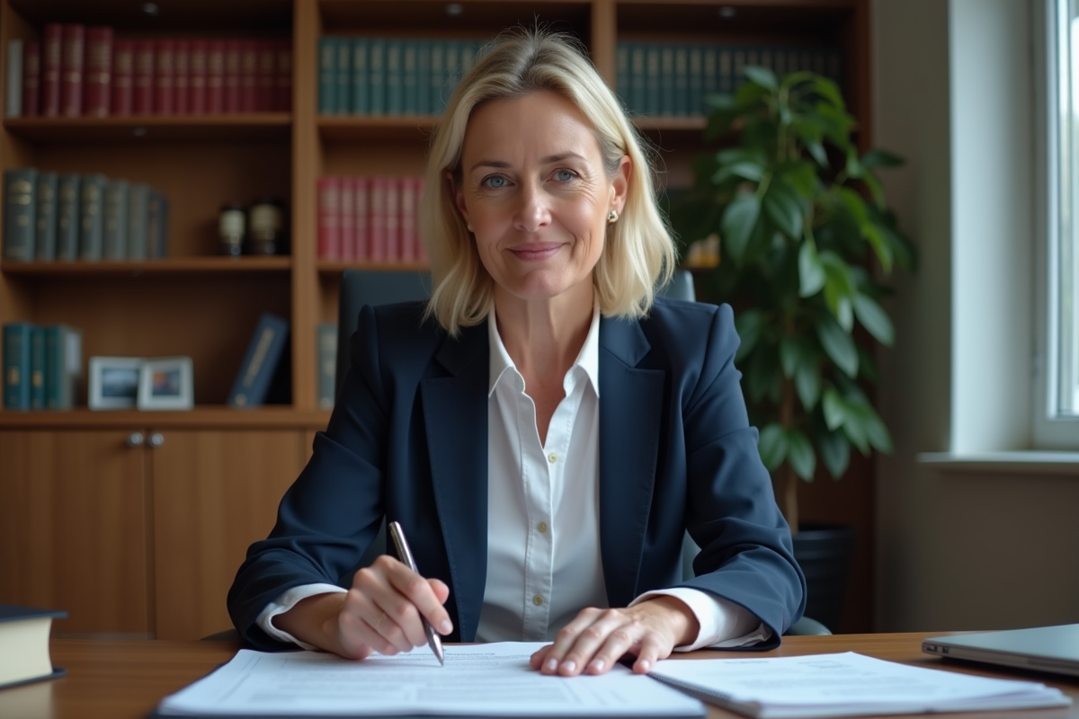 Femme d'affaires en costume bleu examine une facture juridique