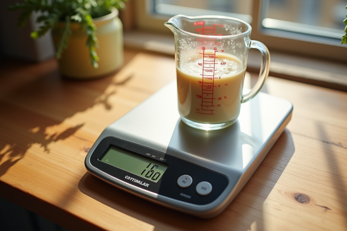 Balance de cuisine numérique affichant 120g avec un pichet à côté