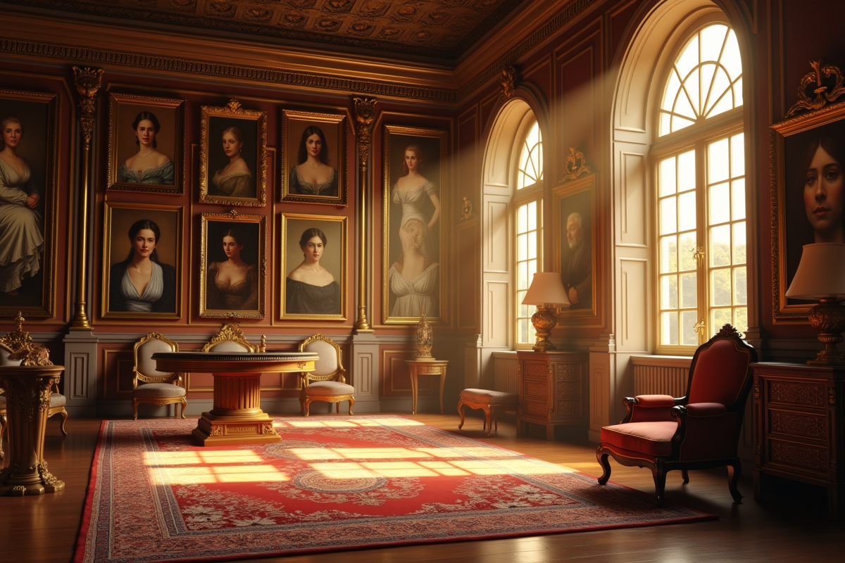 Bibliotheque royale avec portraits de famille en lumiere dorée