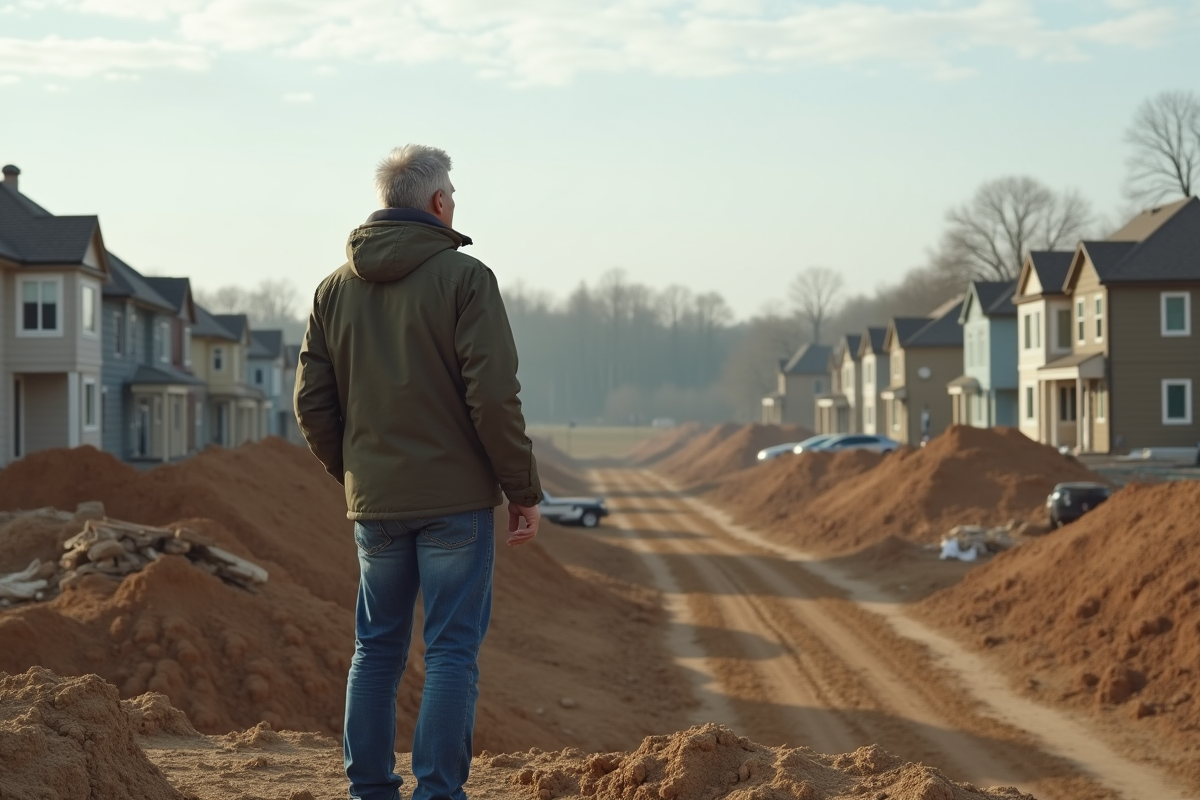 Homme debout sur le site en construction en pleine nature