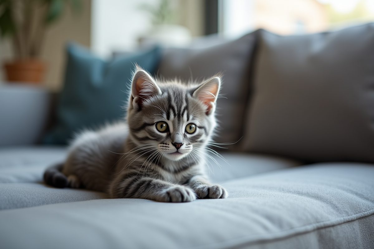 Chaton gris allongé sur un canapé moderne en salon lumineux