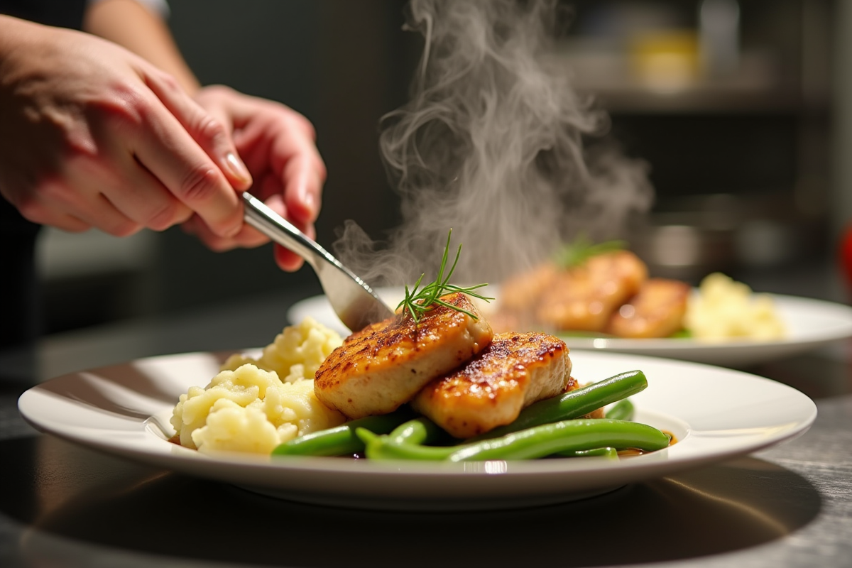 Chef dressant un boudin blanc avec purée et haricots verts
