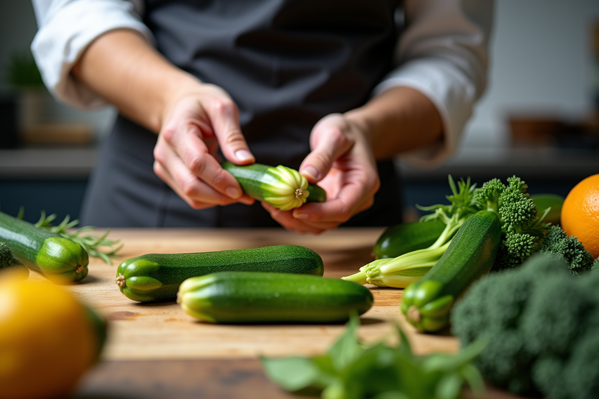 Chef farcissant délicatement des fleurs de zucchini dans une cuisine moderne