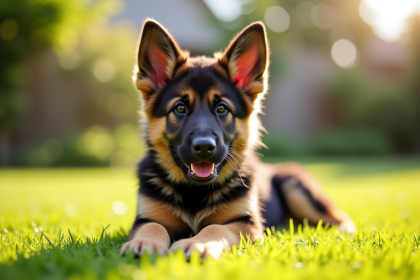 Chiot berger allemand dans un jardin ensoleille