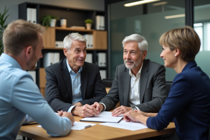 Couple d'âge moyen en conseil financier dans un bureau moderne