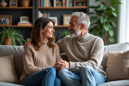 Couple d'âge moyen discutant dans un salon chaleureux