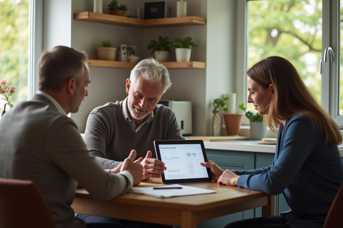Couple discutant avec un conseiller bancaire à la maison
