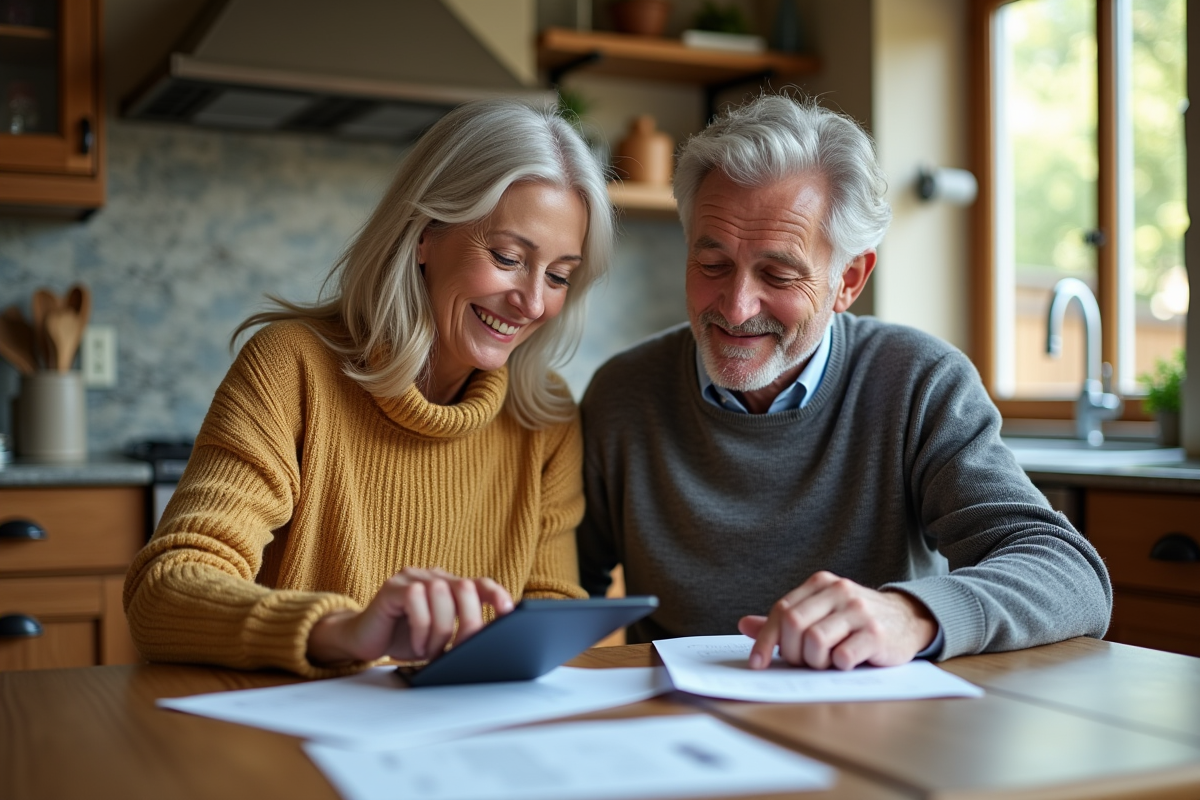 Couple souriant discutant de documents dans une cuisine chaleureuse