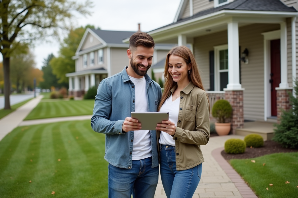 Jeune couple examine la valeur immobilière devant leur maison