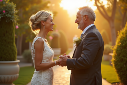 Couple mature échangeant vœux dans un jardin ensoleille