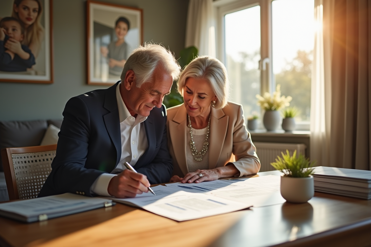 Couple senior élégant examinant des documents financiers dans un salon moderne