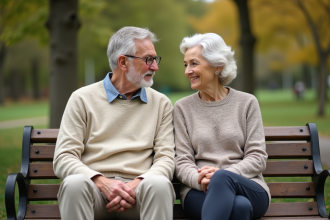 Un couple senior assis sur un banc dans un parc paisible