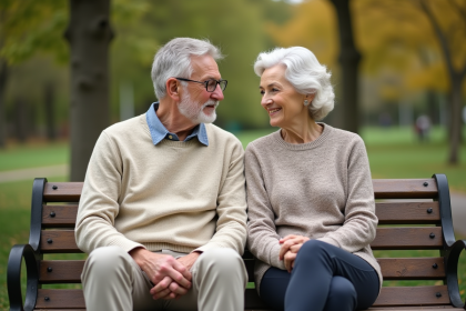 Un couple senior assis sur un banc dans un parc paisible