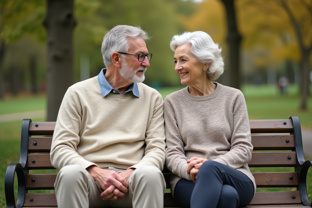 Un couple senior assis sur un banc dans un parc paisible