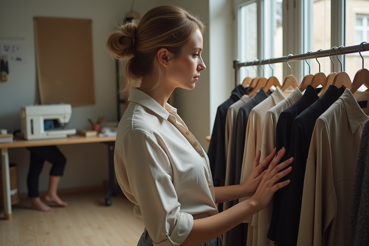 Créateur de mode examinant des vêtements en textiles recyclés