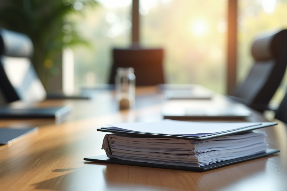 Dossiers officiels ouverts sur une table propre dans une salle de réunion ensoleillée