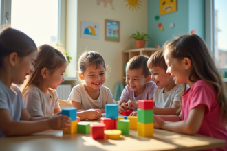 Groupe d'enfants et enseignant jouant avec des blocs en classe