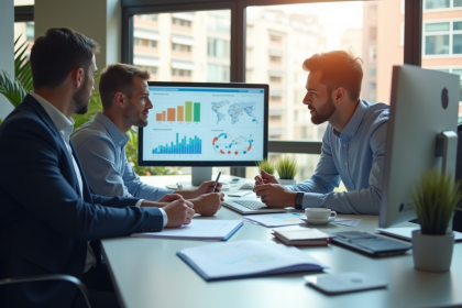 Équipe de professionnels en réunion dans un bureau lumineux