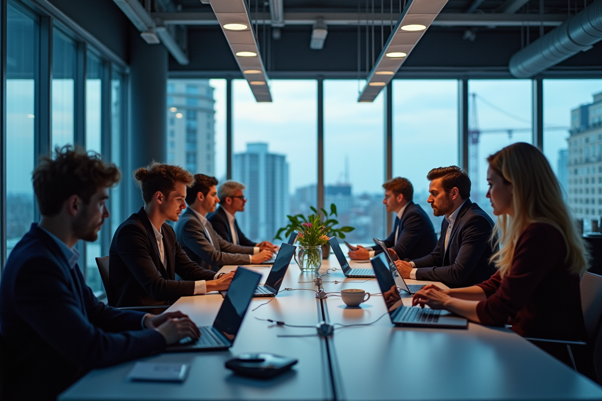 Équipe de fintech travaillant dans un bureau parisien lumineux