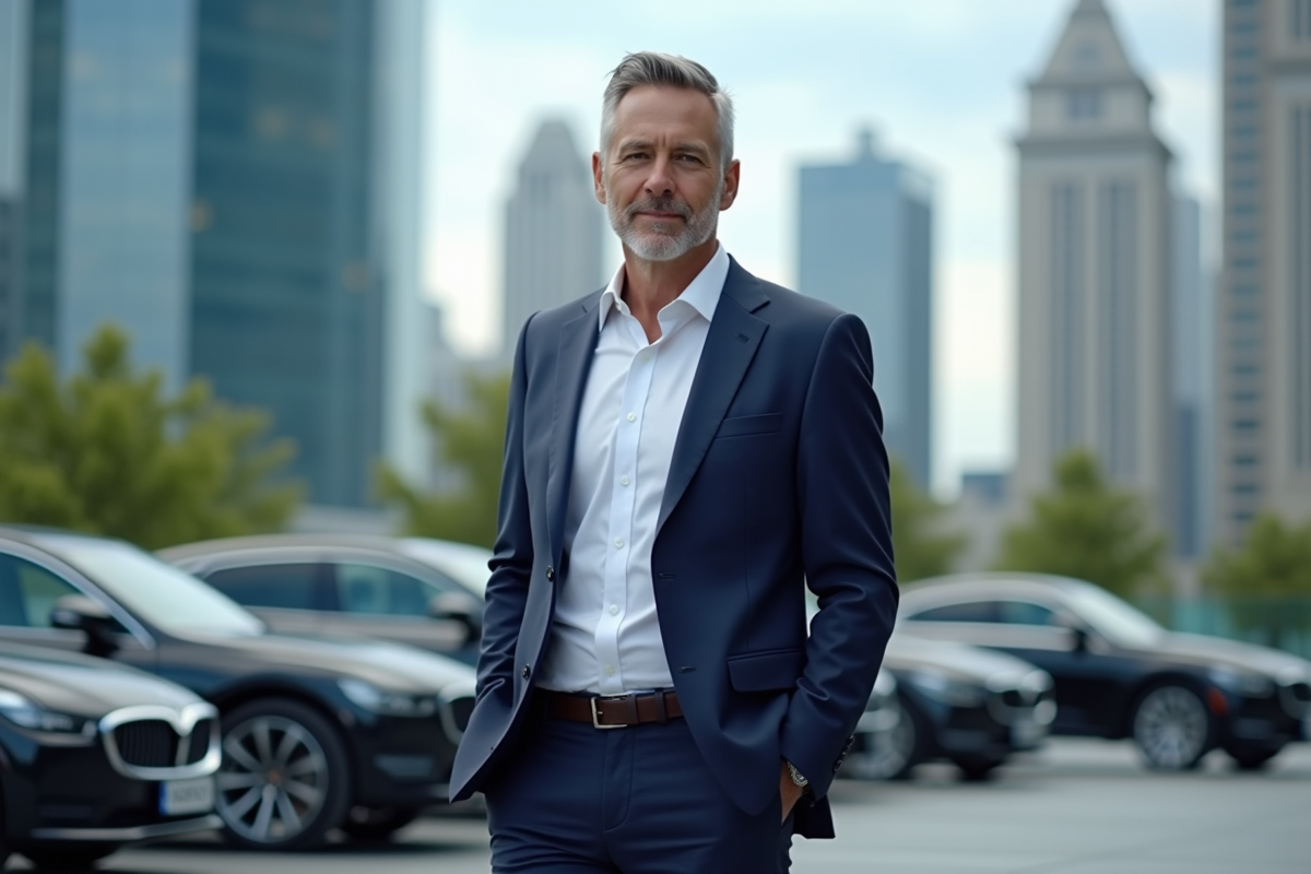 Homme d'affaires en costume sur terrasse urbaine moderne