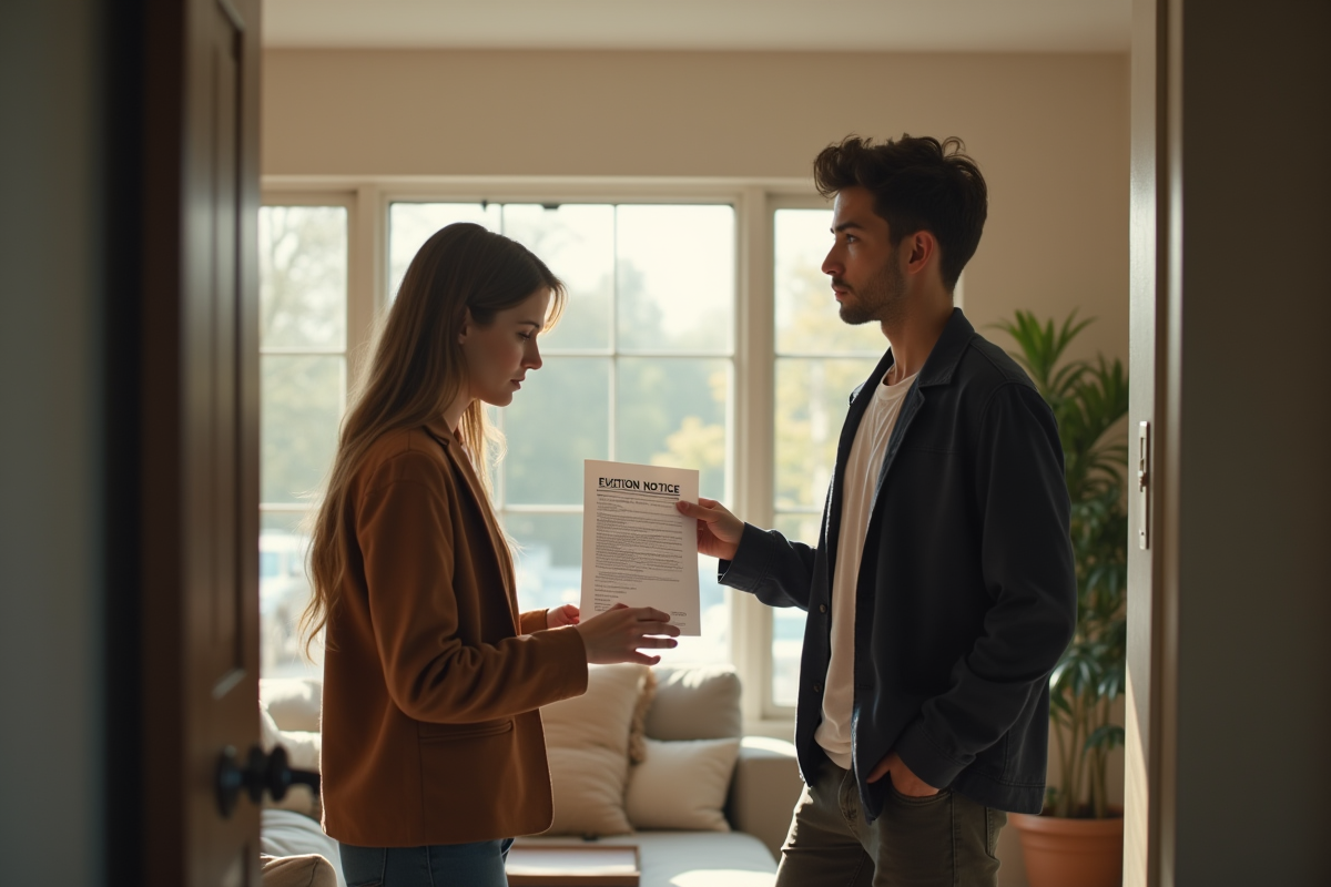 Propriétaire inquiet remettant un avis d'expulsion à un jeune adulte dans un salon lumineux