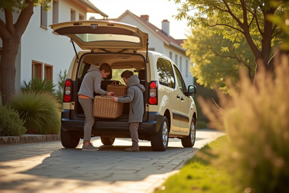 Famille chargeant paniers de pique-nique devant Peugeot Partner Tepee