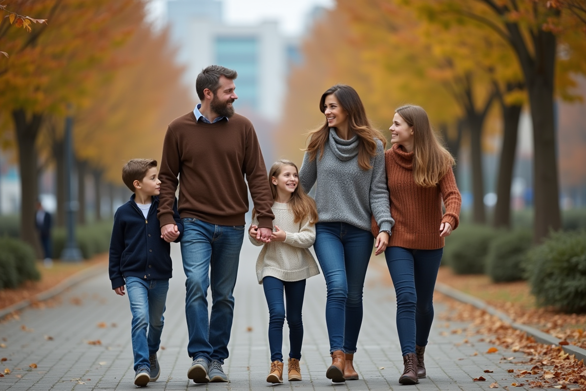 Famille recomposée marchant dans un parc urbain