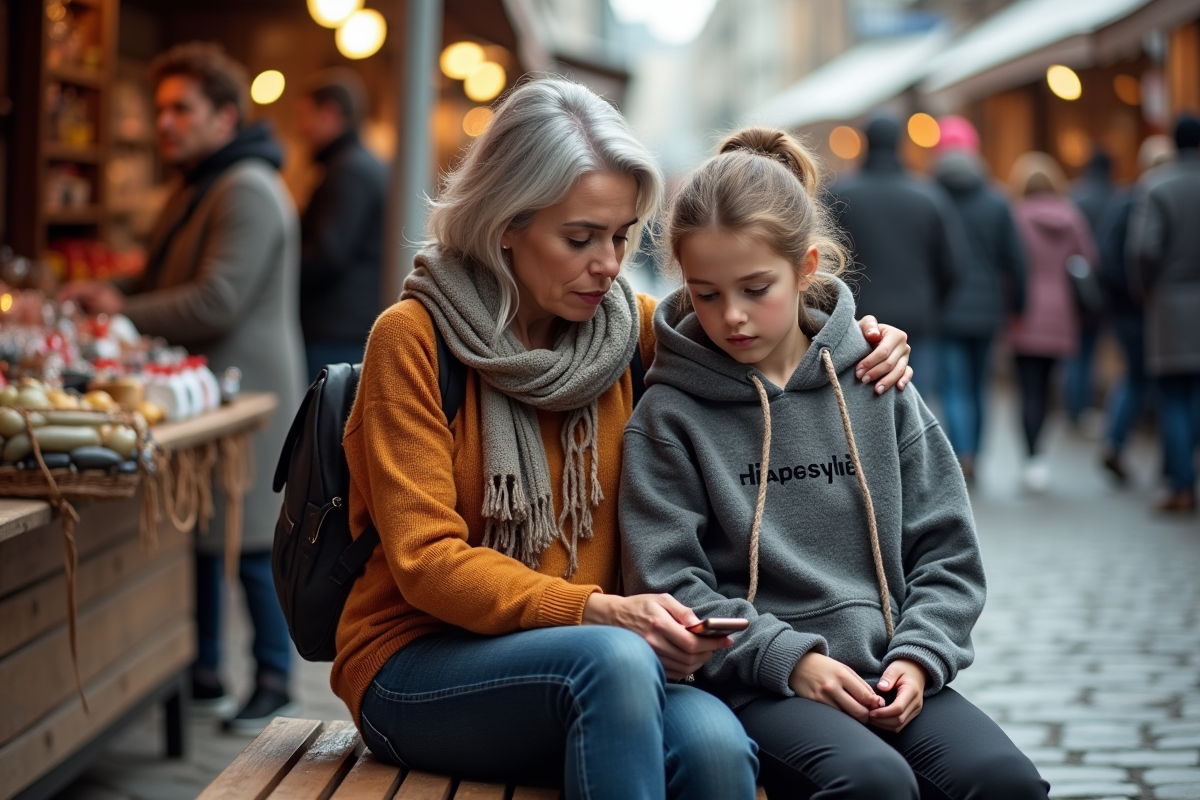 Femme mature et adolescente au marché en plein air