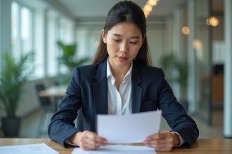 Femme en costume d'affaires examine un document de prêt immobilier