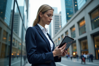 Femme d'affaires en costume analysant des graphiques financiers