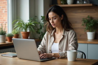 Femme travaillant sur un ordinateur portable dans une cuisine chaleureuse