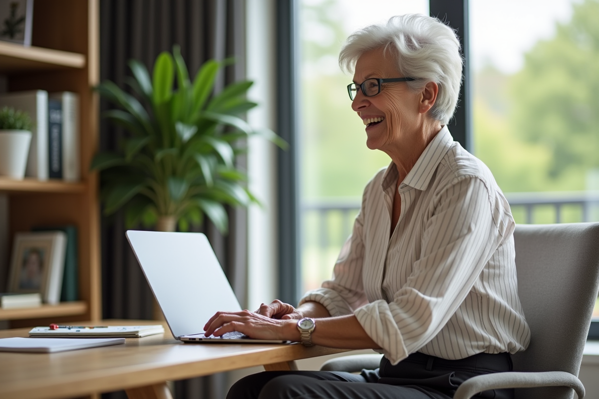 Une femme souriante dans un bureau moderne avec ordinateur