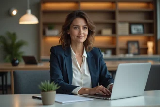 Femme en blazer travaillant sur un ordinateur moderne