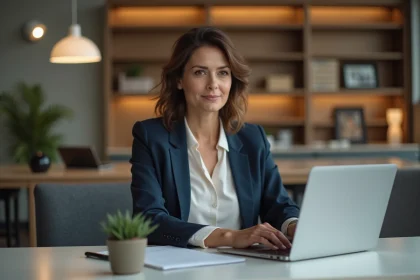 Femme en blazer travaillant sur un ordinateur moderne