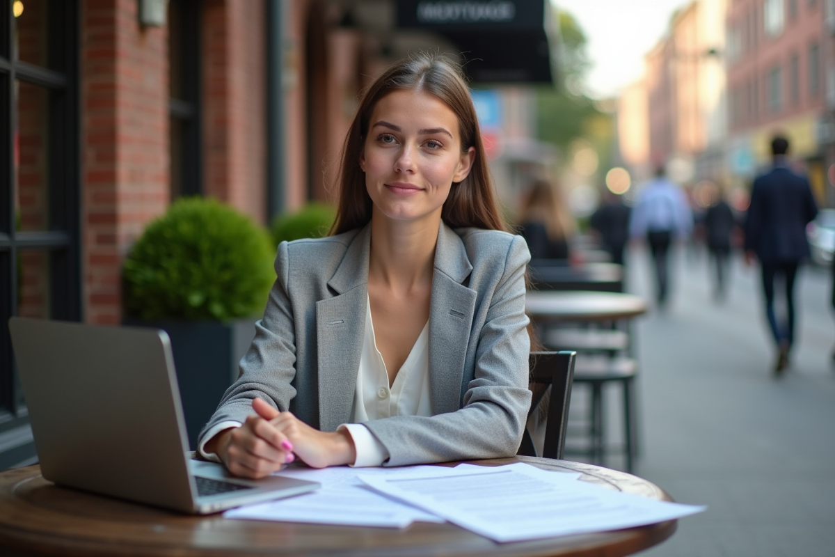 Jeune femme lisant des documents de prêt immobilier au café