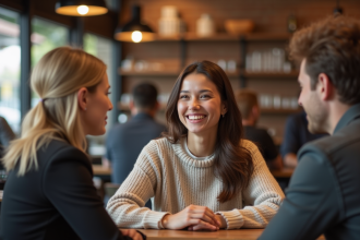 Femme souriante dans un café convivial et chaleureux