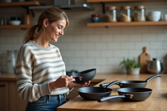 Femme examinant deux poeles Pradel dans une cuisine chaleureuse