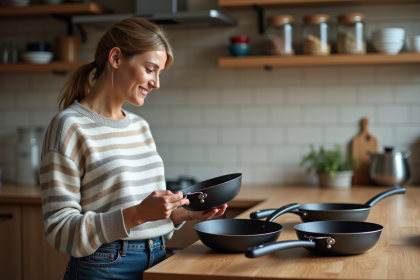 Femme examinant deux poeles Pradel dans une cuisine chaleureuse