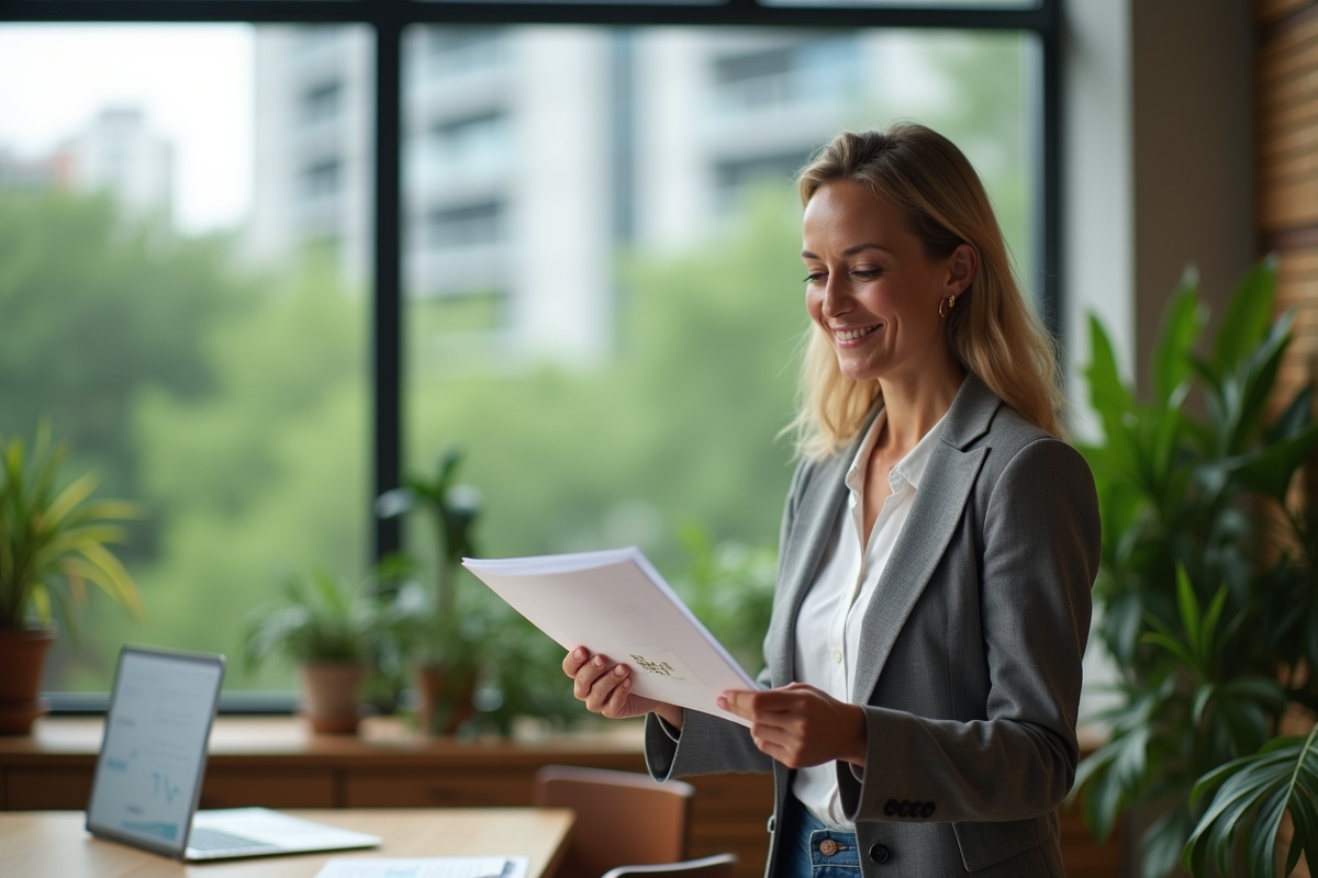 Femme d age moyen dans un bureau écologique et moderne