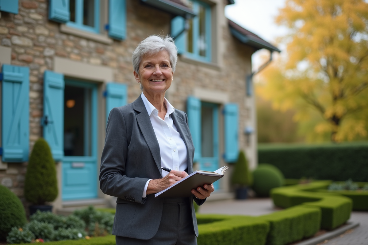 Femme en extérieur évaluant une maison en pierre avec un carnet