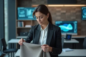 Femme en costume examinant un textile intelligent dans un bureau