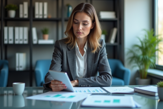 Femme d affaires en réunion avec des graphiques financiers