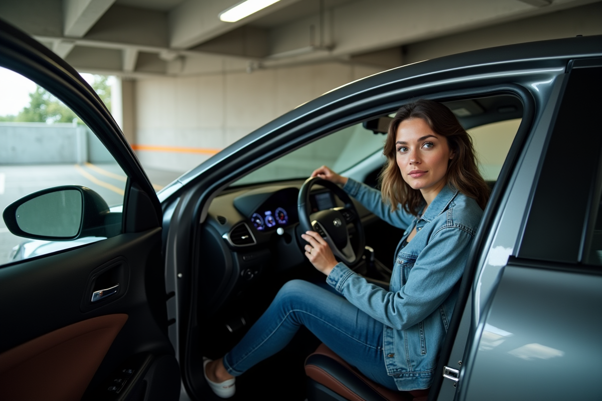 Jeune femme dans une voiture hybride examine le tableau de bord