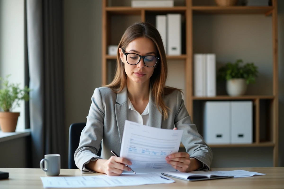 Femme professionnelle lisant un document financier chez elle