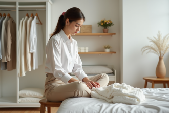 Jeune femme pliant des vêtements minimalistes dans une chambre lumineuse